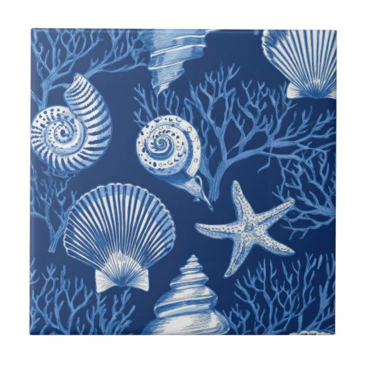 Blue Coastal Toile Seashell Coral Pattern (2) タイル (正面)