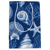 Blue Coastal Toile Seashell Coral Pattern (2) ミディアムペーパーバッグ (正面)