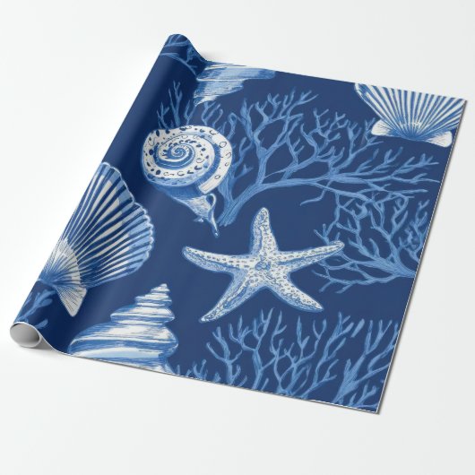 Blue Coastal Toile Seashell Coral Pattern (2) ラッピングペーパー (アンロールド)