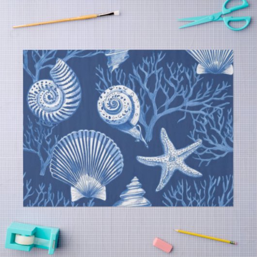 Blue Coastal Toile Seashell Coral Pattern (2) 薄葉紙 (クラフト)
