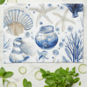 Blue Coastal Toile Seashell Coral Pattern (3) キッチンタオル (折り畳み)