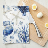 Blue Coastal Toile Seashell Coral Pattern (3) キッチンタオル (四つ折り)