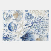Blue Coastal Toile Seashell Coral Pattern (3) キッチンタオル (横)