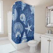 Blue Coastal Toile Seashell Coral Pattern (3) シャワーカーテン (インサイチュ)