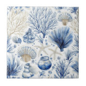 Blue Coastal Toile Seashell Coral Pattern (3) タイル (正面)