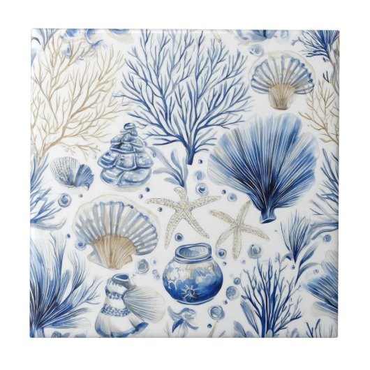 Blue Coastal Toile Seashell Coral Pattern (3) タイル (正面)