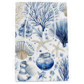 Blue Coastal Toile Seashell Coral Pattern (3) ミディアムペーパーバッグ (正面)