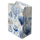 Blue Coastal Toile Seashell Coral Pattern (3) ミディアムペーパーバッグ (裏面アングル)