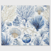 Blue Coastal Toile Seashell Coral Pattern (3) ラッピングペーパー (フラット)