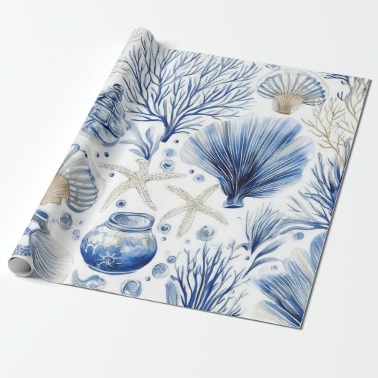 Blue Coastal Toile Seashell Coral Pattern (3) ラッピングペーパー (アンロールド)