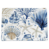 Blue Coastal Toile Seashell Coral Pattern (3) ラージペーパーバッグ (正面)
