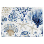 Blue Coastal Toile Seashell Coral Pattern (3) ラージペーパーバッグ (裏面)