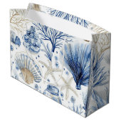 Blue Coastal Toile Seashell Coral Pattern (3) ラージペーパーバッグ (裏面アングル)
