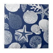 Blue Coastal Toile Seashell Coral Pattern (4) タイル (正面)