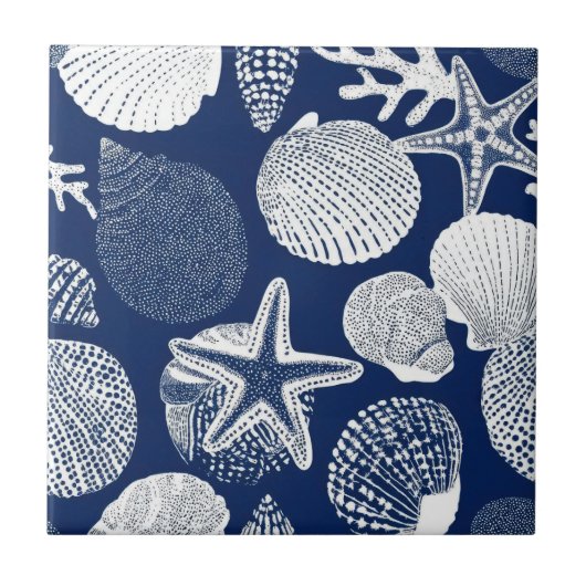 Blue Coastal Toile Seashell Coral Pattern (4) タイル (正面)