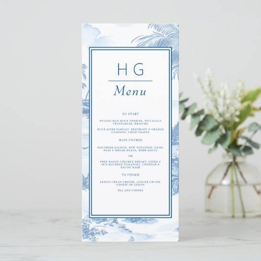 Blue Coastal Toile Wedding Flat Menu メニュー (スタンド正面)