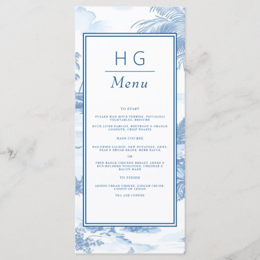 Blue Coastal Toile Wedding Flat Menu メニュー (正面)