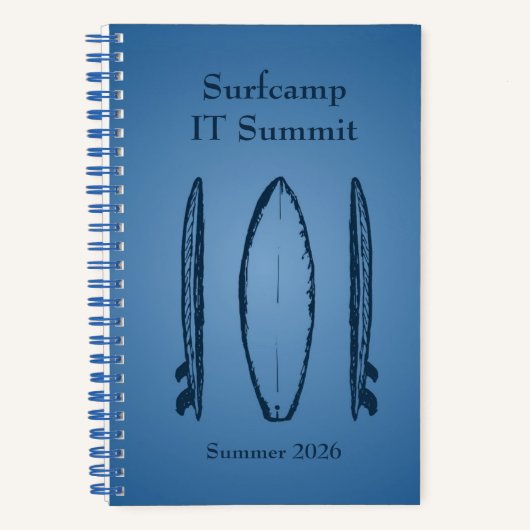 Blue Color Gradient Surf Camp, Surfboards and Text ノートブック (正面)