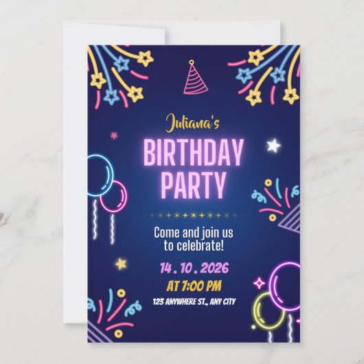 Blue Colorful Neon Birthday Party Invitation 招待状 (正面)