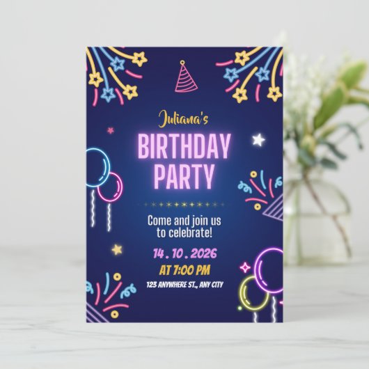Blue Colorful Neon Birthday Party Invitation 招待状 (スタンド正面)