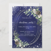Blue cone pine greenery glitter Christmas Party 招待状 (正面)
