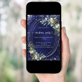 Blue cone pine greenery glitter Christmas Party 招待状