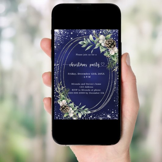 Blue cone pine greenery glitter Christmas Party 招待状