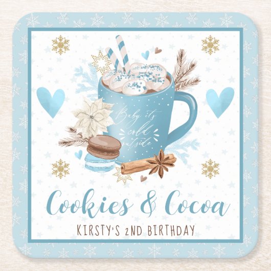 Blue Cookies and Cocoa 2nd Birthday スクエアペーパーコースター (正面)