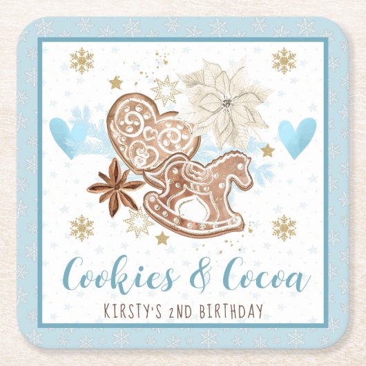 Blue Cookies & Cocoa 2nd Birthday Party スクエアペーパーコースター (正面)