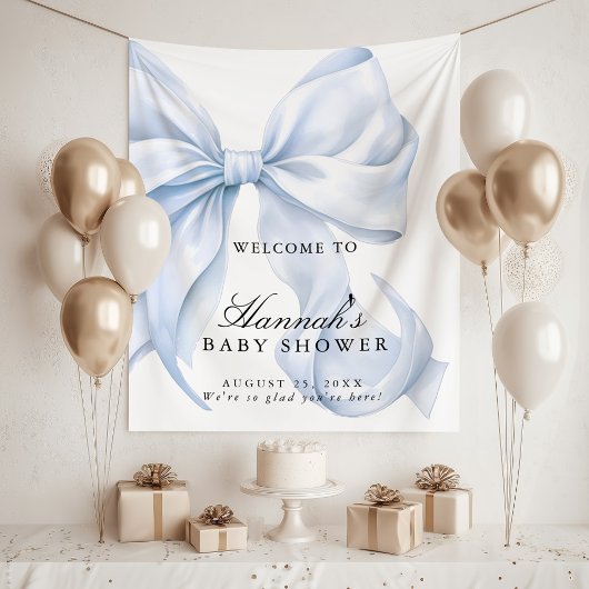 Blue Coquette Bow Boy Baby Shower Welcome Sign タペストリー