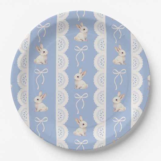 Blue Coquette Bow Bunny Lace Pattern Paper Plate ペーパープレート (正面)