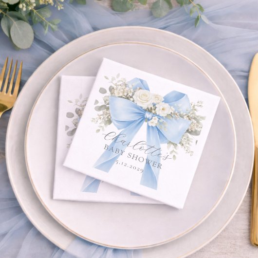 Blue Coquette Bow Floral Baby Boy Shower スタンダードカクテルナプキン
