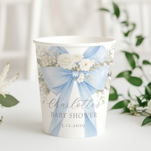 Blue Coquette Bow Floral Baby Boy Shower 紙コップ