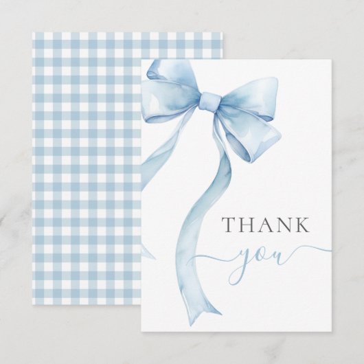 Blue Coquette Bow Gingham Boy Baby Shower サンキューカード (正面/裏面)