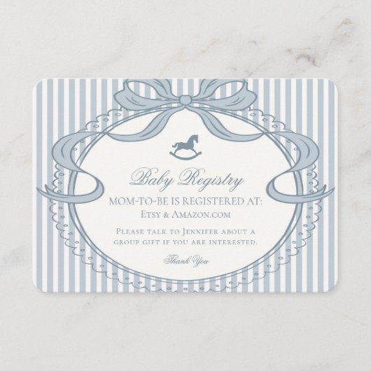 Blue Coquette Bow Rocking Horse Baby Registry エンクロージャーカード (正面)