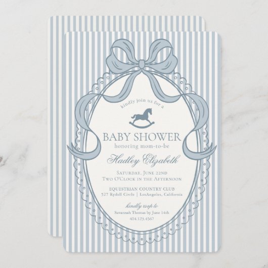 Blue Coquette Bow Rocking Horse Baby Shower 招待状 (正面/裏面)