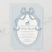 Blue Coquette Bow Rocking Horse Birthday 招待状 (正面/裏面)