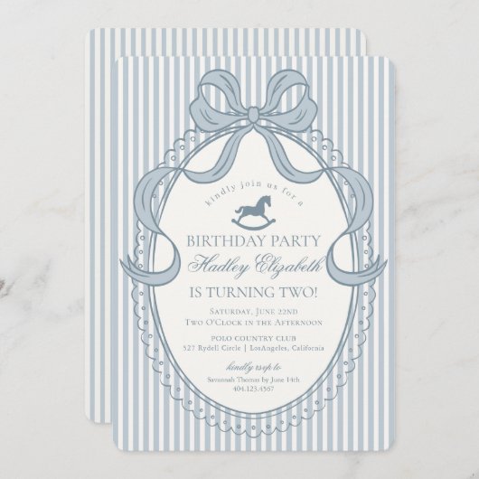 Blue Coquette Bow Rocking Horse Birthday 招待状 (正面/裏面)