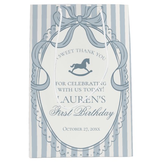 Blue Coquette Bow Rocking Horse Birthday Favors ミディアムペーパーバッグ (正面)