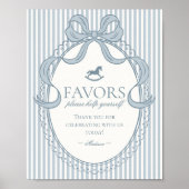 Blue Coquette Bow Rocking Horse Stripe Favors Sign ポスター (正面)