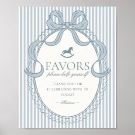 Blue Coquette Bow Rocking Horse Stripe Favors Sign ポスター