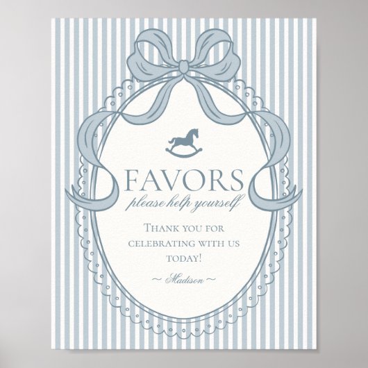 Blue Coquette Bow Rocking Horse Stripe Favors Sign ポスター (正面)