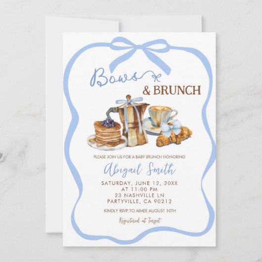 Blue coquette bows and brunch baby shower 招待状 (正面)
