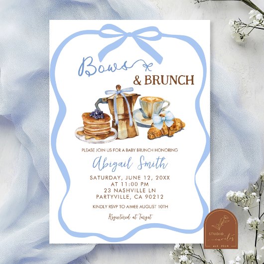 Blue coquette bows and brunch baby shower 招待状