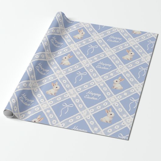 Blue Coquette Bunny Lace Pattern Wrapping Paper ラッピングペーパー (アンロールド)
