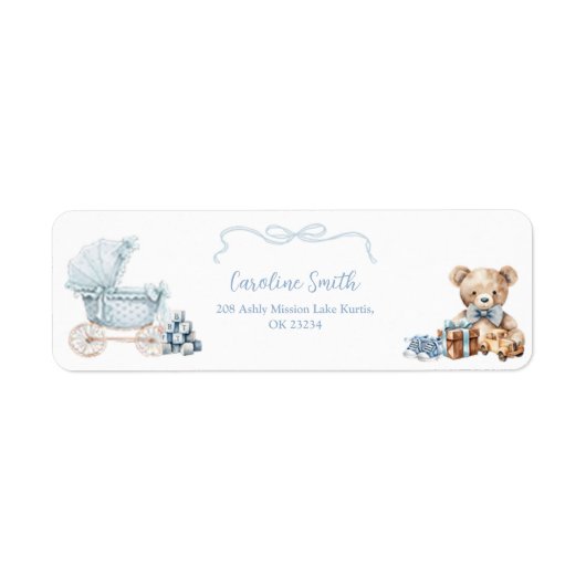 Blue Coquette Carriage Baby Shower Address Label ラベル (正面)