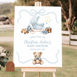 Blue Coquette Carriage Baby Shower Welcome Sign ポスター