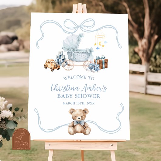 Blue Coquette Carriage Baby Shower Welcome Sign ポスター