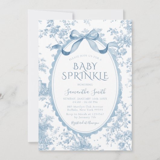 Blue Coquette Chinoiserie Toile Girl Baby Sprinkle 招待状 (正面)