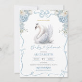 Blue Coquette Crowned Swan Baby Shower 招待状 (正面)